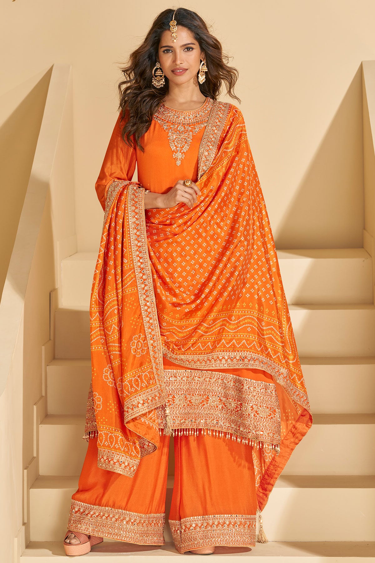 Vibrant Orange Chinon Silk Sharara Suit with Heavy Embroidery & Mirror Work