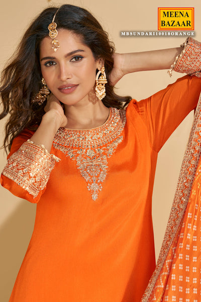 Vibrant Orange Chinon Silk Sharara Suit with Heavy Embroidery & Mirror Work