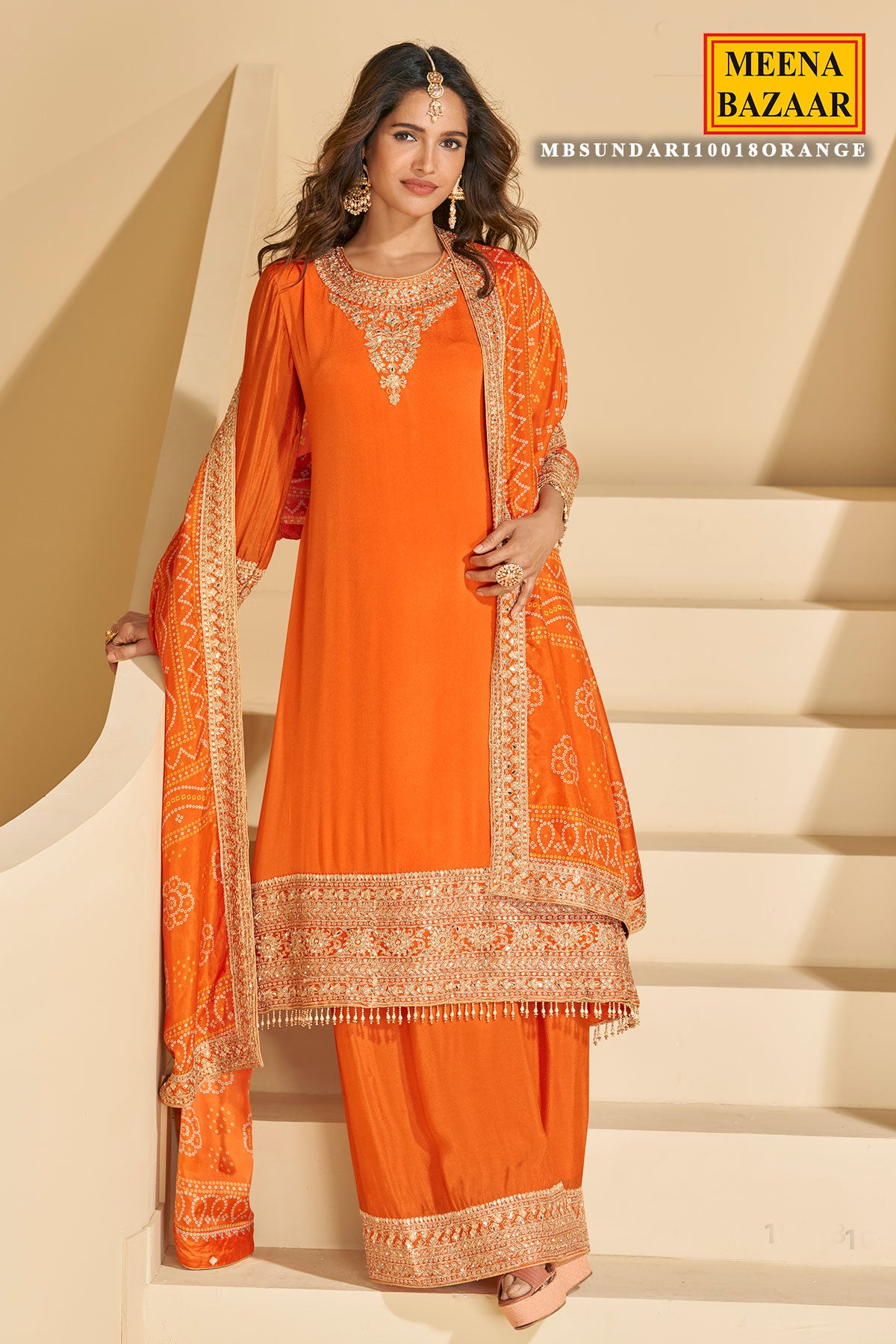Vibrant Orange Chinon Silk Sharara Suit with Heavy Embroidery & Mirror Work