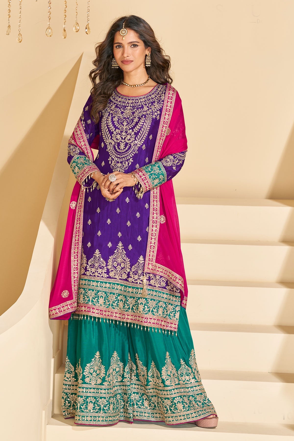 Purple Chinon Silk Sharara Suit with Heavy Embroidery & Mirror Work