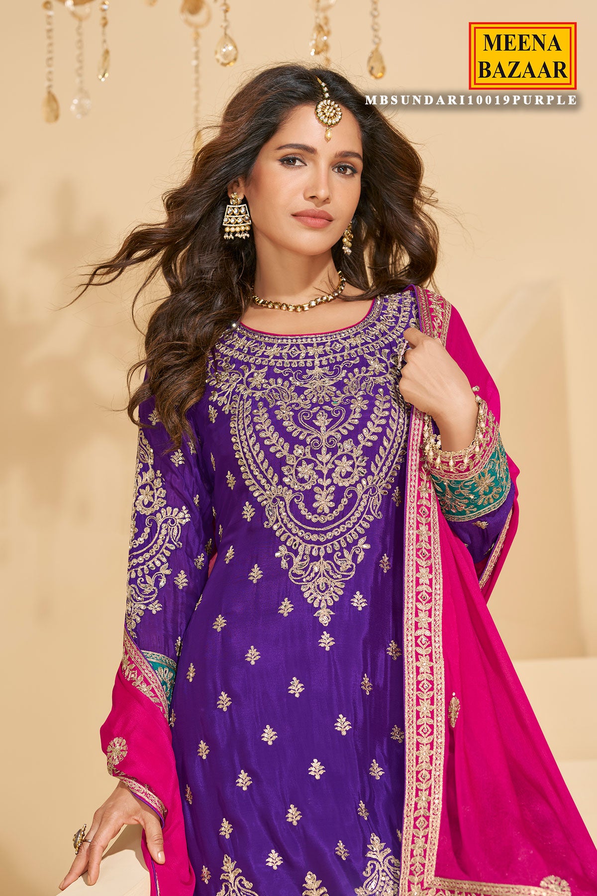 Purple Chinon Silk Sharara Suit with Heavy Embroidery & Mirror Work