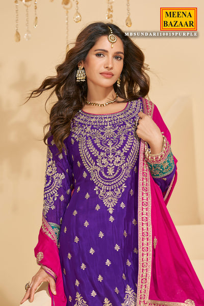 Purple Chinon Silk Sharara Suit with Heavy Embroidery & Mirror Work