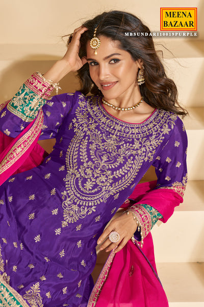 Purple Chinon Silk Sharara Suit with Heavy Embroidery & Mirror Work