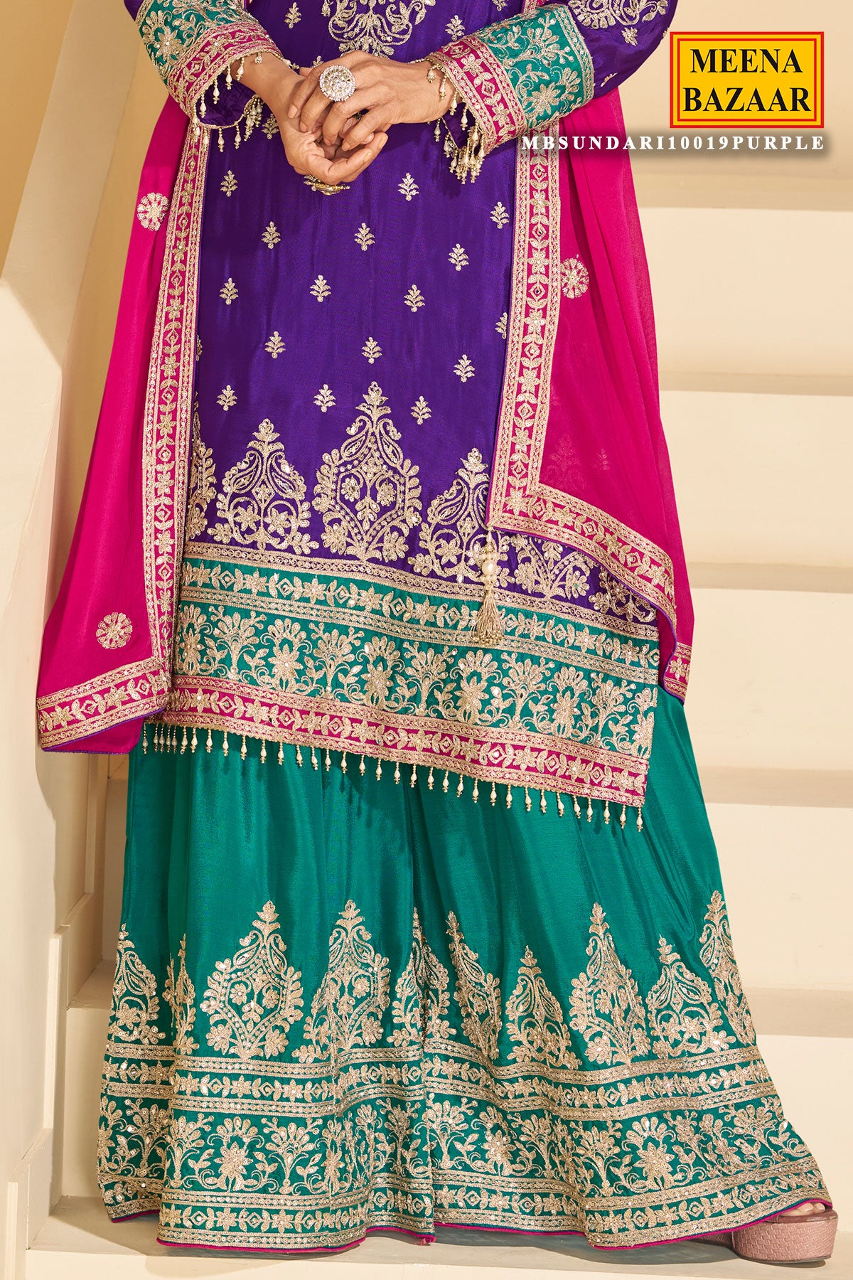 Purple Chinon Silk Sharara Suit with Heavy Embroidery & Mirror Work