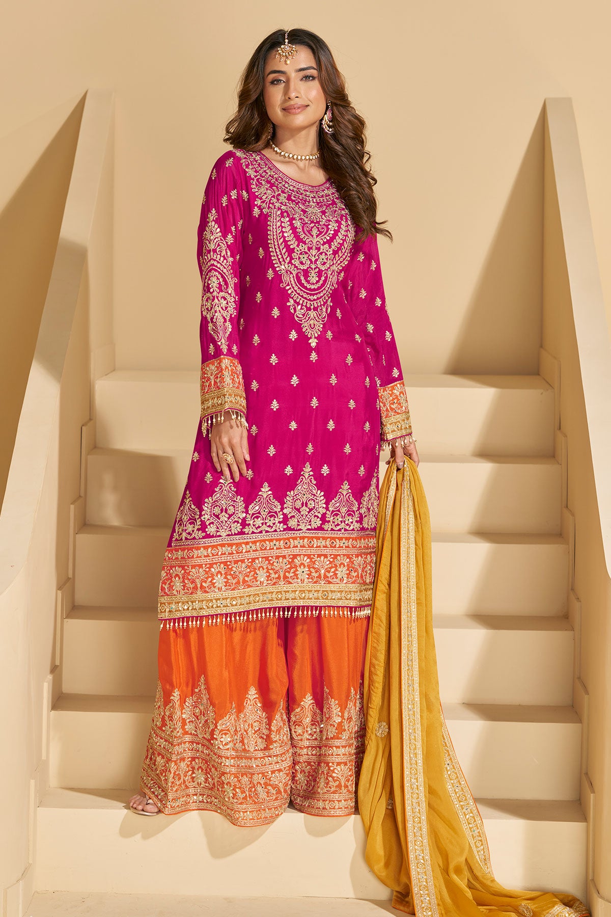 Rani Pink Chinon Silk Sharara Ready Made Suit with Heavy Embroidery & Mirror Work
