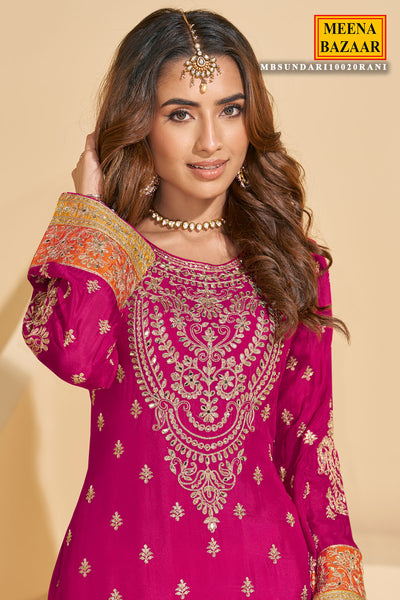 Rani Pink Chinon Silk Sharara Ready Made Suit with Heavy Embroidery & Mirror Work