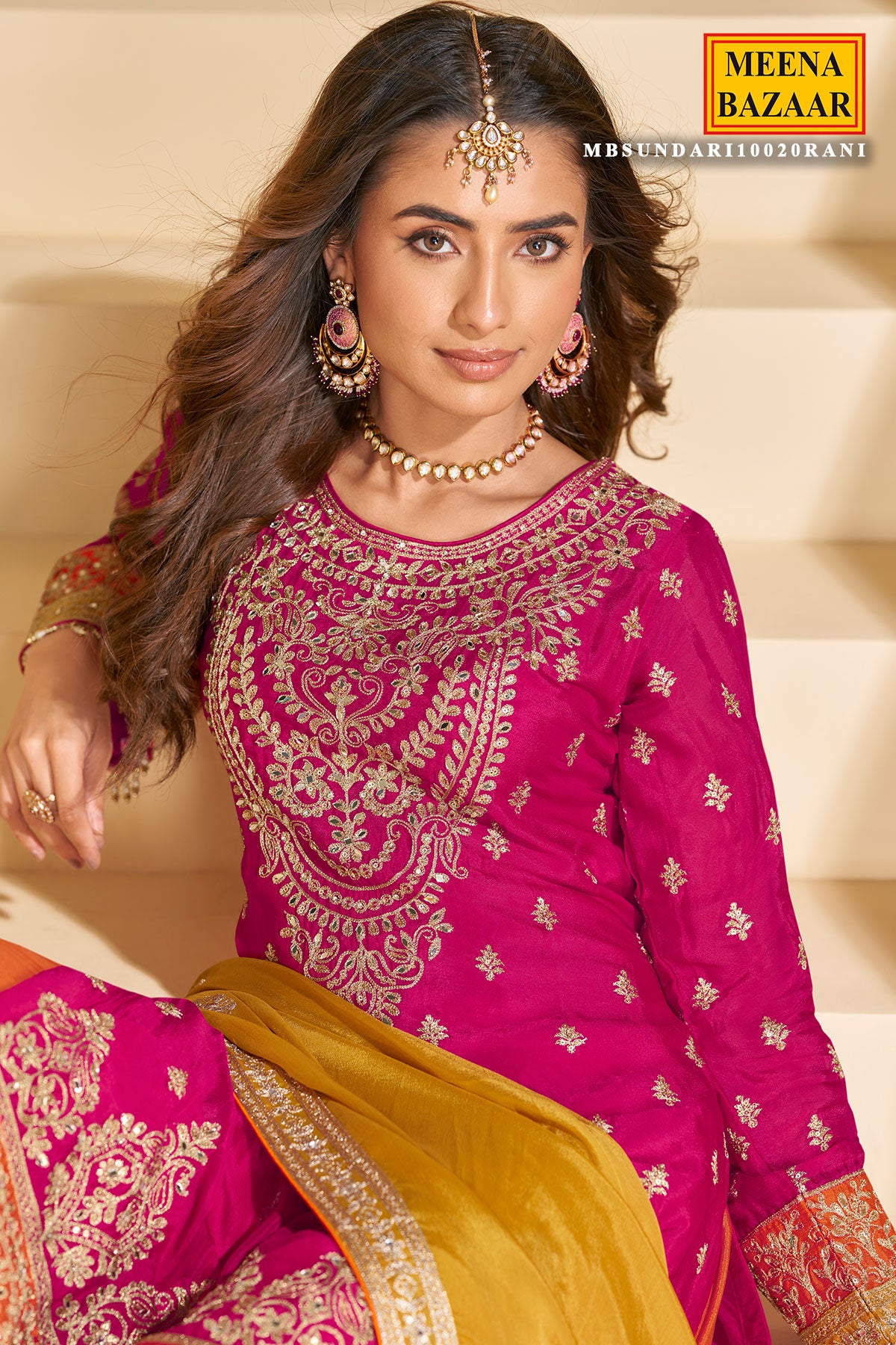 Rani Pink Chinon Silk Sharara Ready Made Suit with Heavy Embroidery & Mirror Work