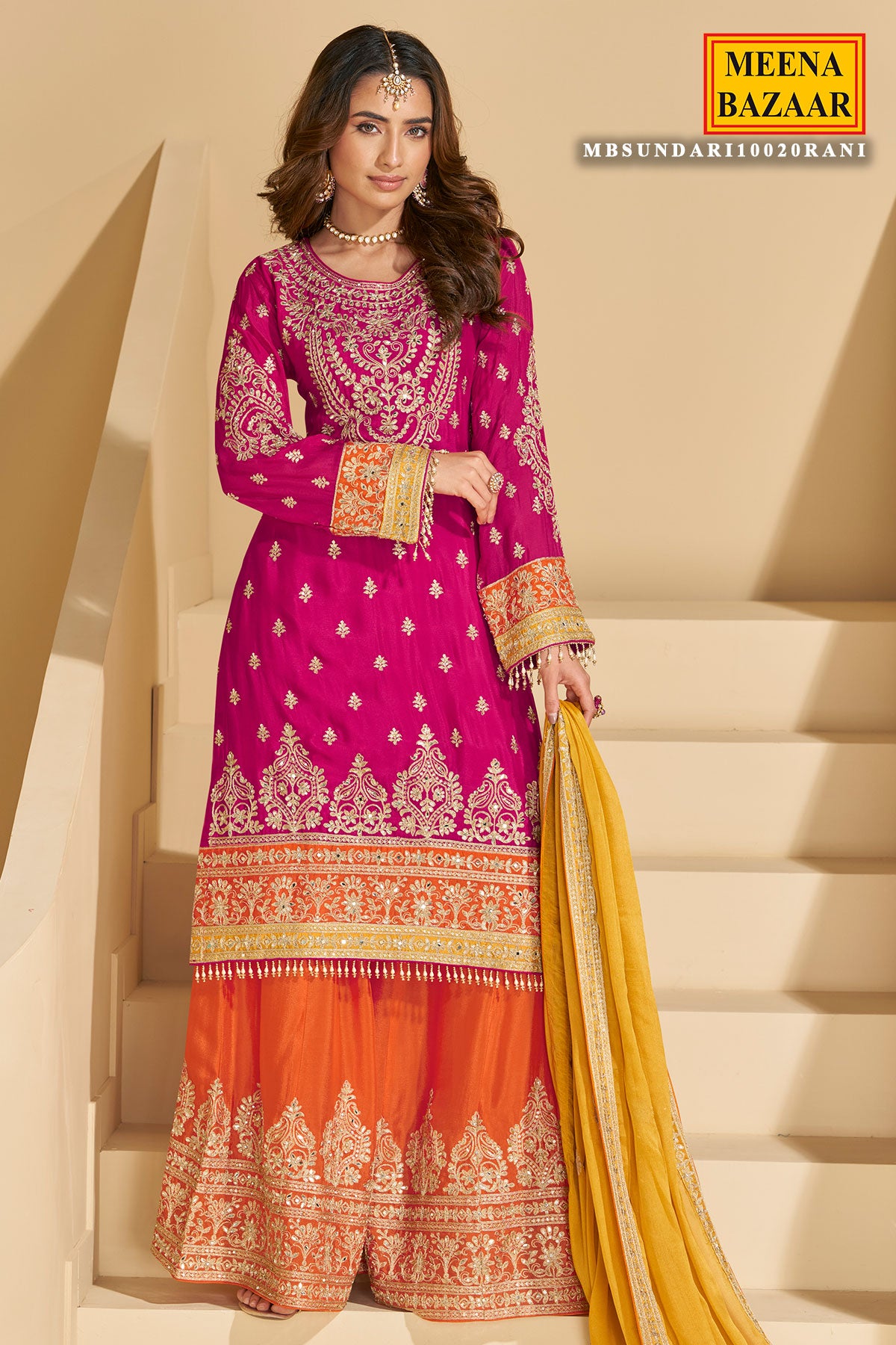 Rani Pink Chinon Silk Sharara Ready Made Suit with Heavy Embroidery & Mirror Work
