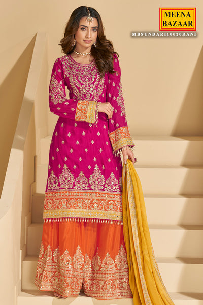 Rani Pink Chinon Silk Sharara Ready Made Suit with Heavy Embroidery & Mirror Work