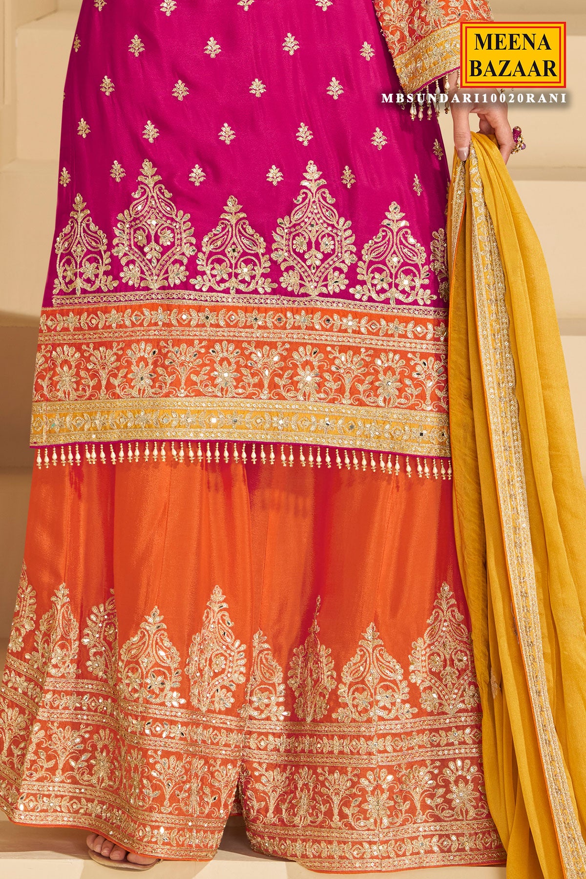 Rani Pink Chinon Silk Sharara Ready Made Suit with Heavy Embroidery & Mirror Work