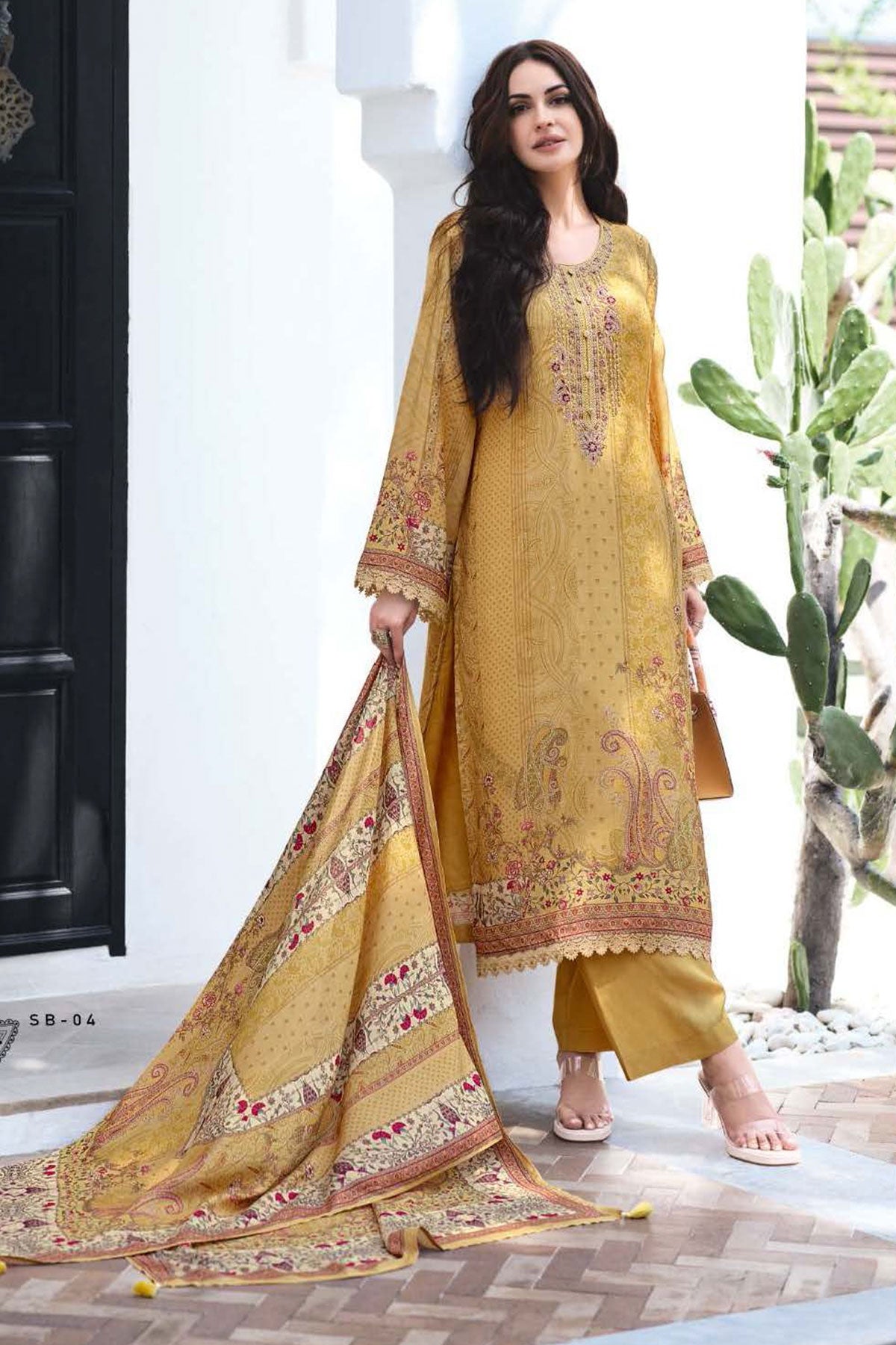 Mustard Viscose Muslin Zari Sequin Embroidered Printed Suit Set