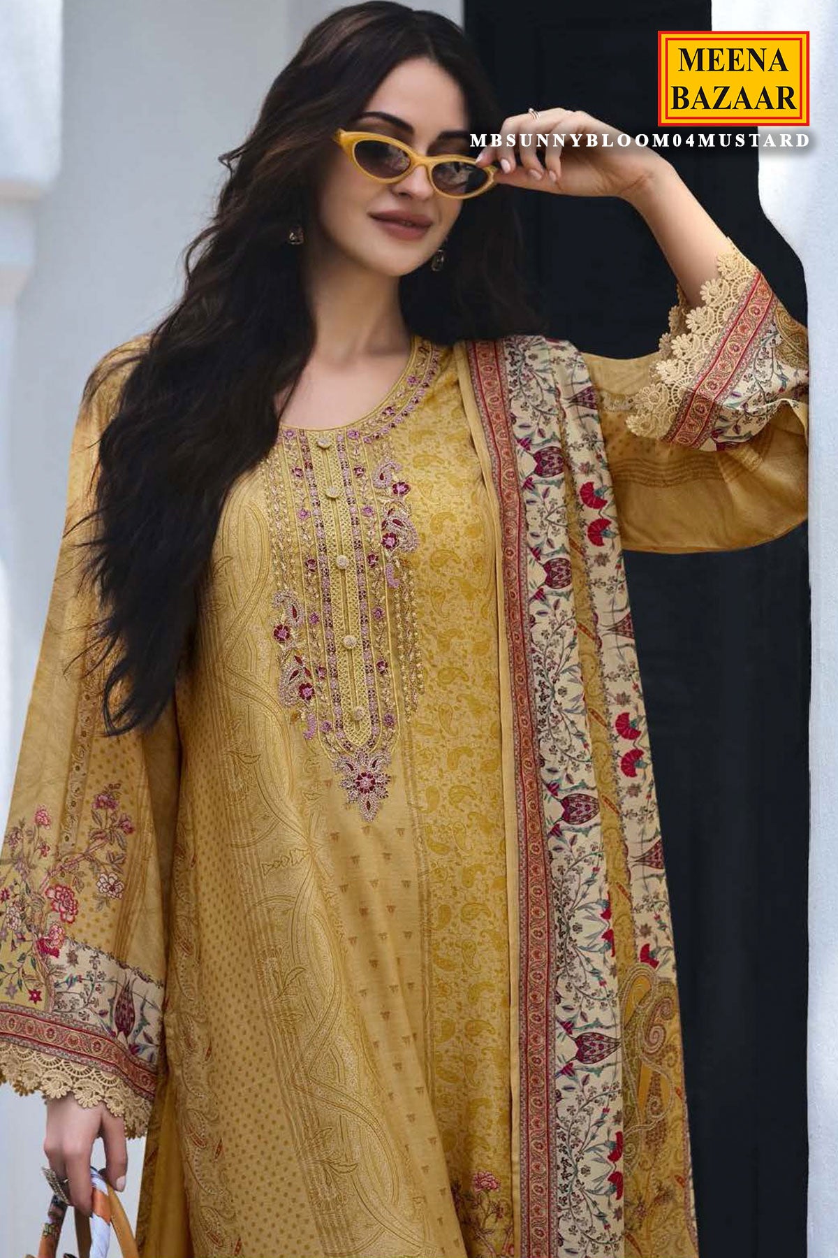 Mustard Viscose Muslin Zari Sequin Embroidered Printed Suit Set