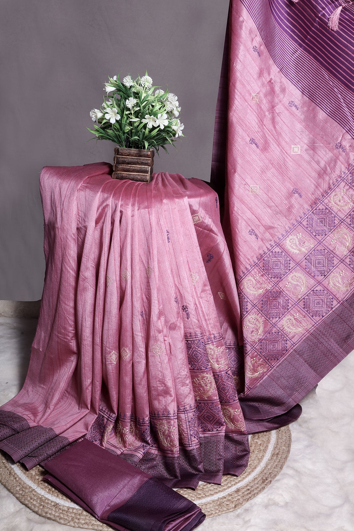 Purple Silk Printed Thread Embroidered Saree