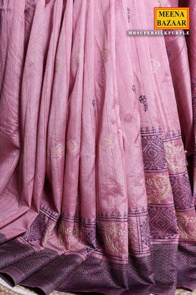 Purple Silk Printed Thread Embroidered Saree