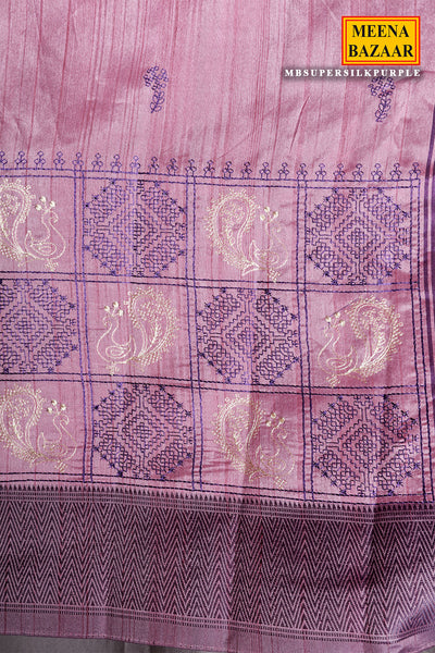 Purple Silk Printed Thread Embroidered Saree
