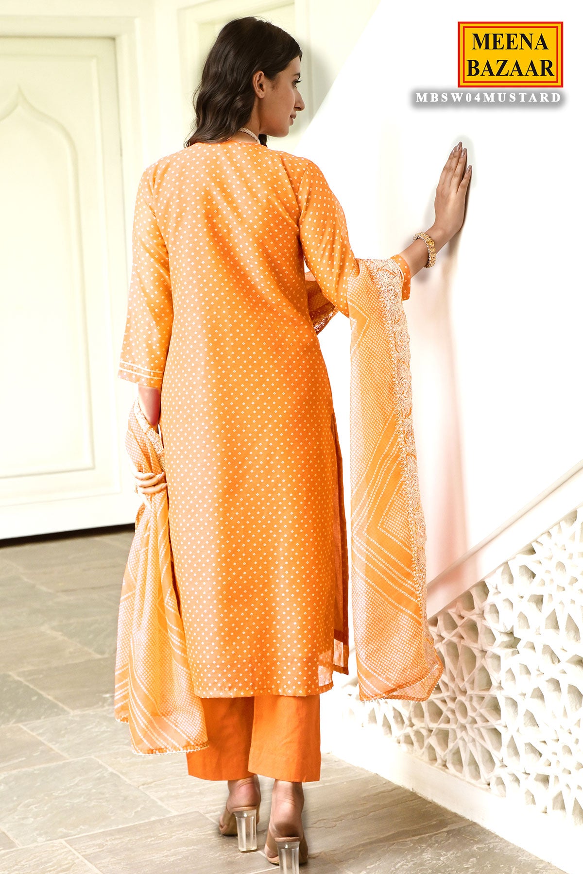 Mustard Chanderi Bandhani Printed Threadwork Embroidered Suit