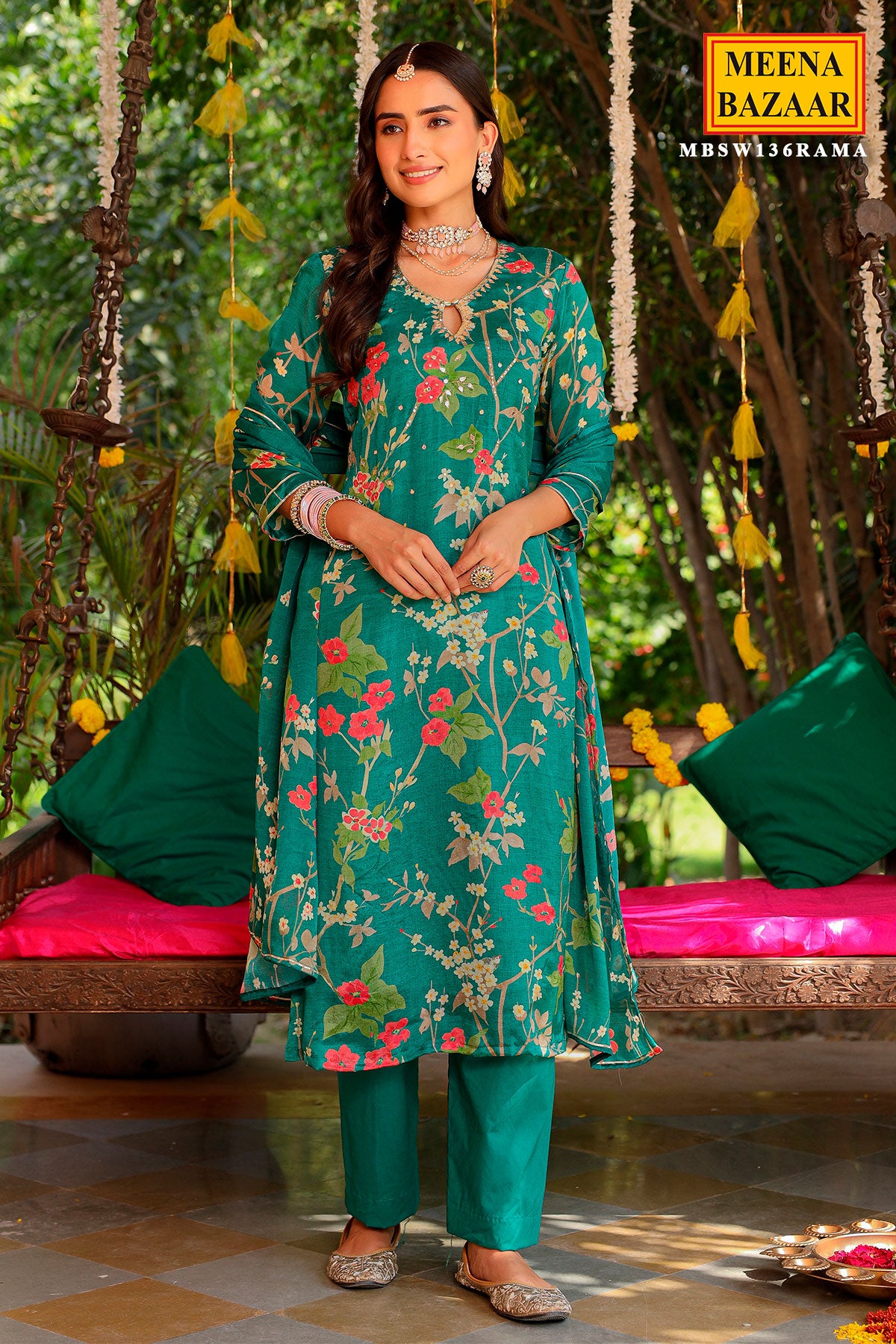 Rama Crepe Floral Printed Sequins and Zari Embroidered Suit
