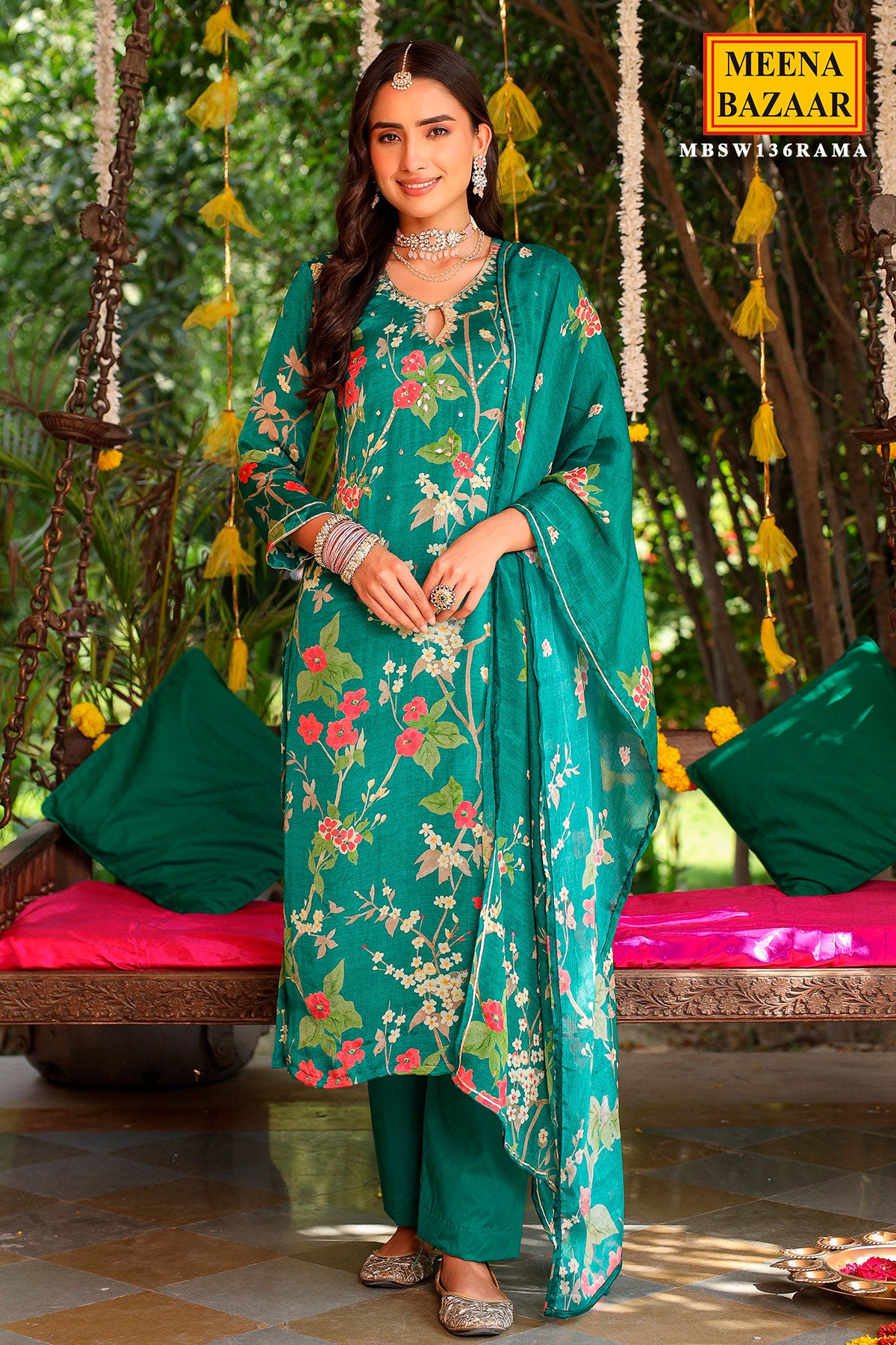 Rama Crepe Floral Printed Sequins and Zari Embroidered Suit