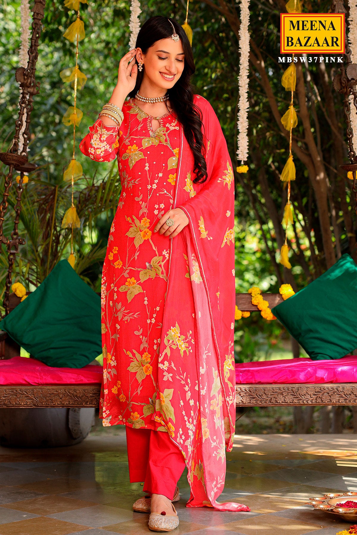 Red Crepe Floral Printed Sequins and Zari Embroidered Suit