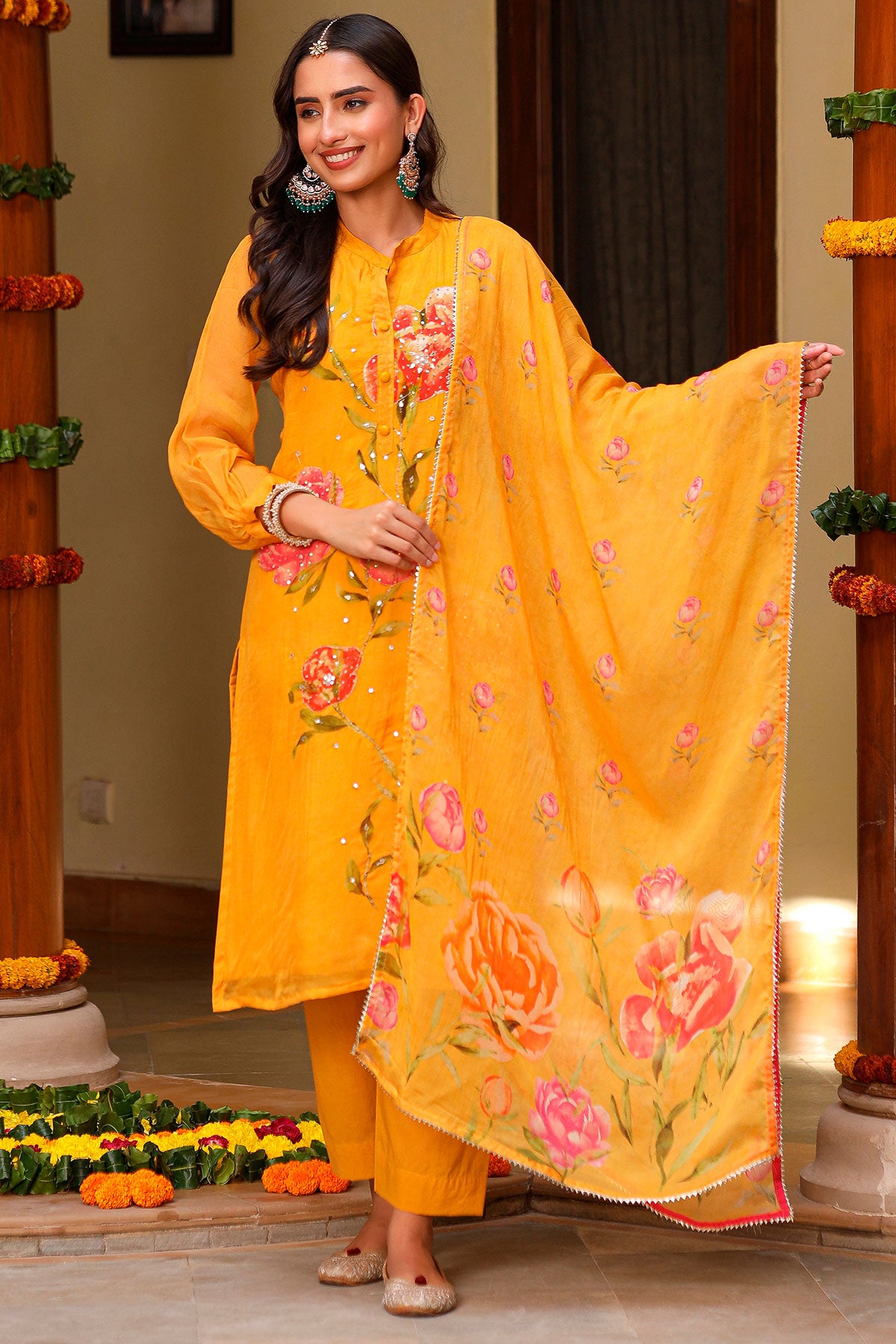 Mustard Chinon Floral Printed Zari and Sequins Embroidered Suit
