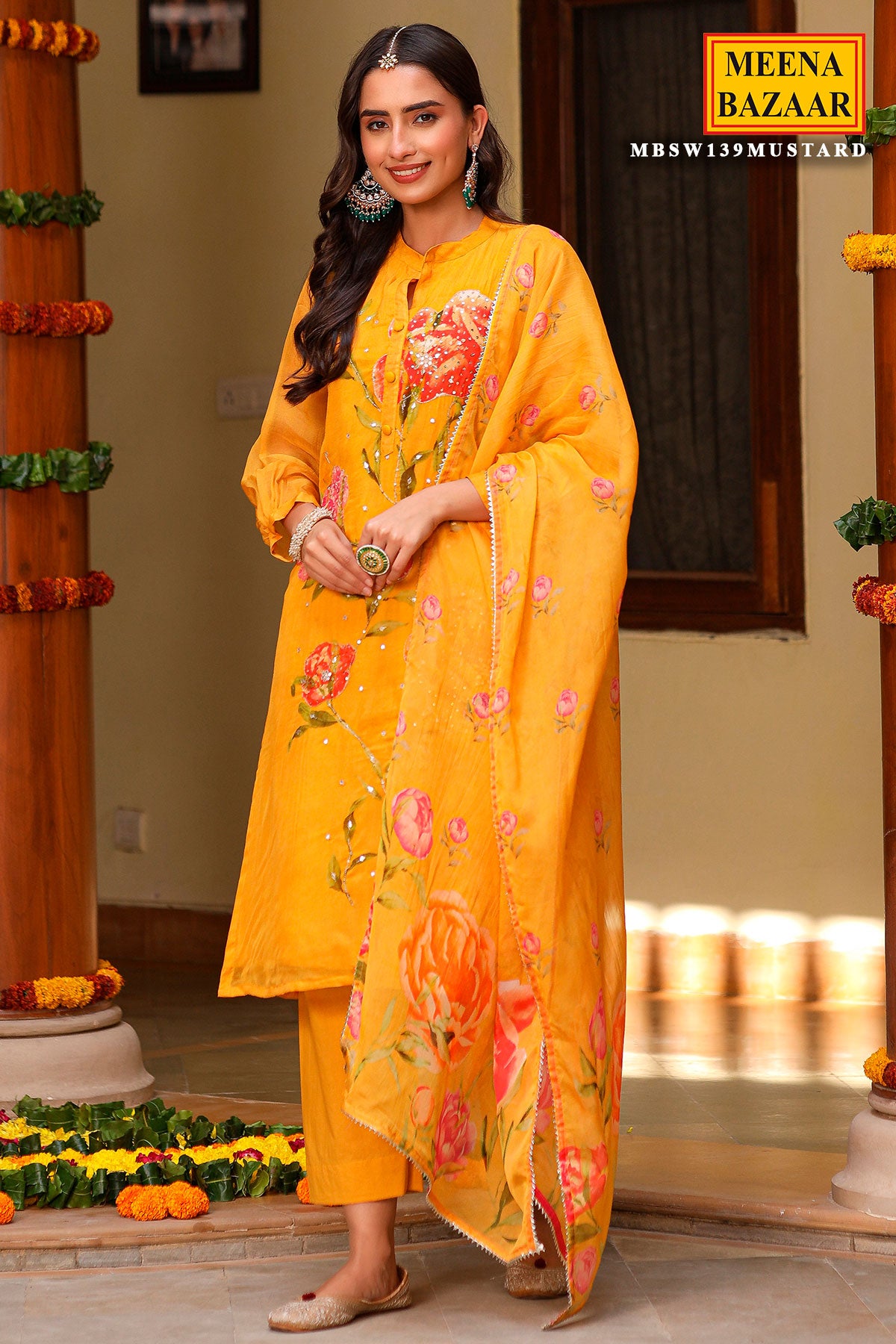 Mustard Chinon Floral Printed Zari and Sequins Embroidered Suit