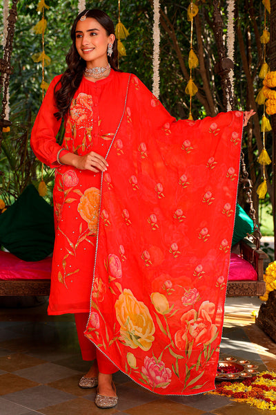 Orange Chinon Floral Printed Zari and Sequins Embroidered Suit