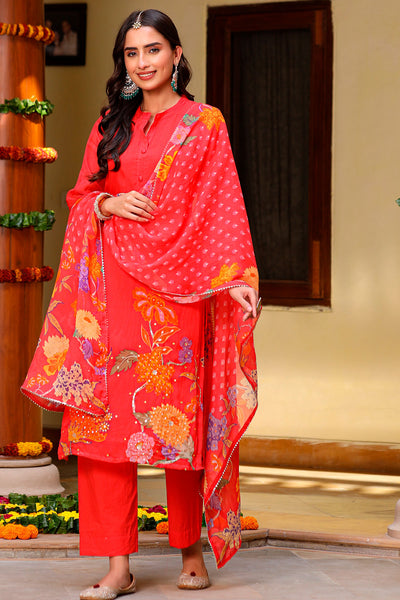 Red Chinon Floral Printed Sequins Embroidered Suit
