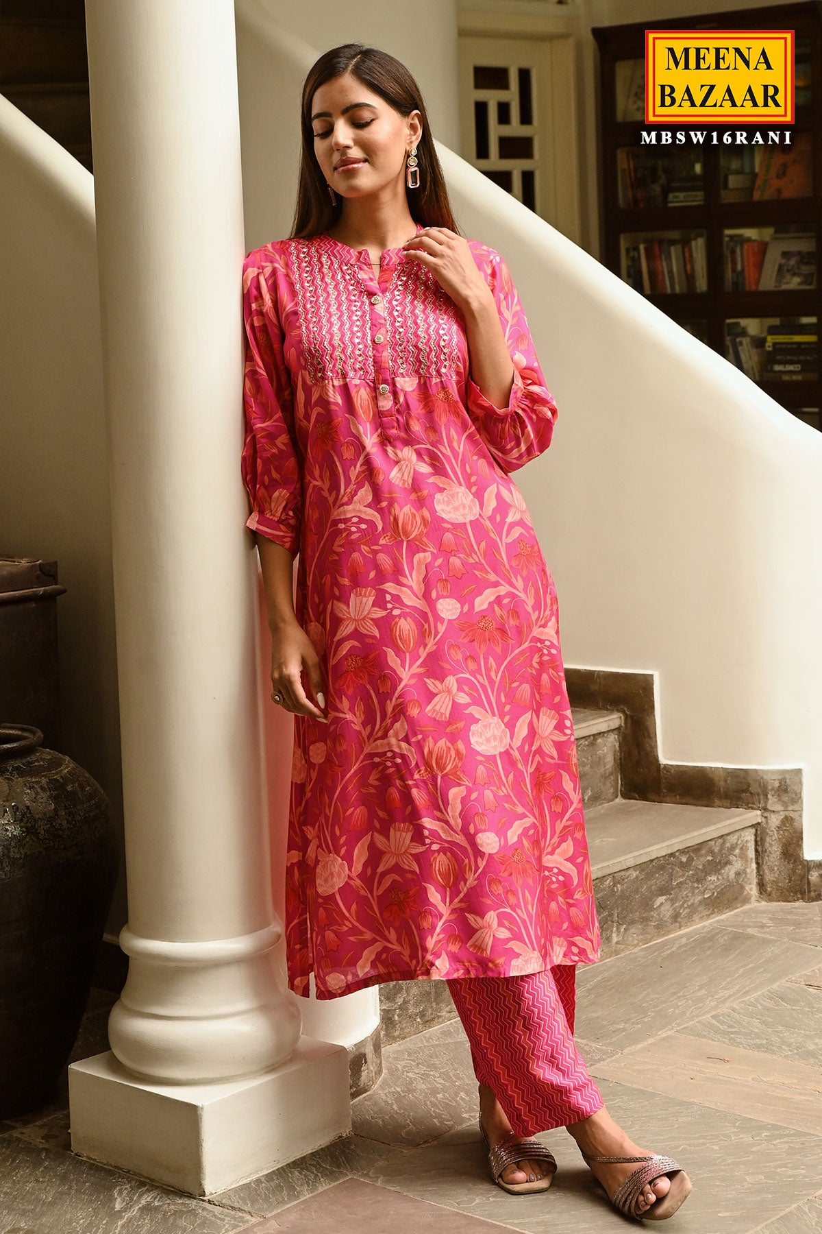 Rani Crepe Floral Printed Sequins Neck Embroidered Kurti Pant Set