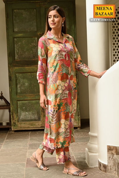 Multicoloured Crepe Floral Printed Neck Embroidered Kurti Pant Set