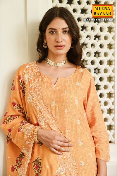 Mustard Crepe Printed Thread Embroidered Suit