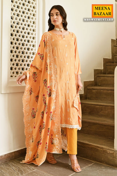 Mustard Crepe Printed Thread Embroidered Suit