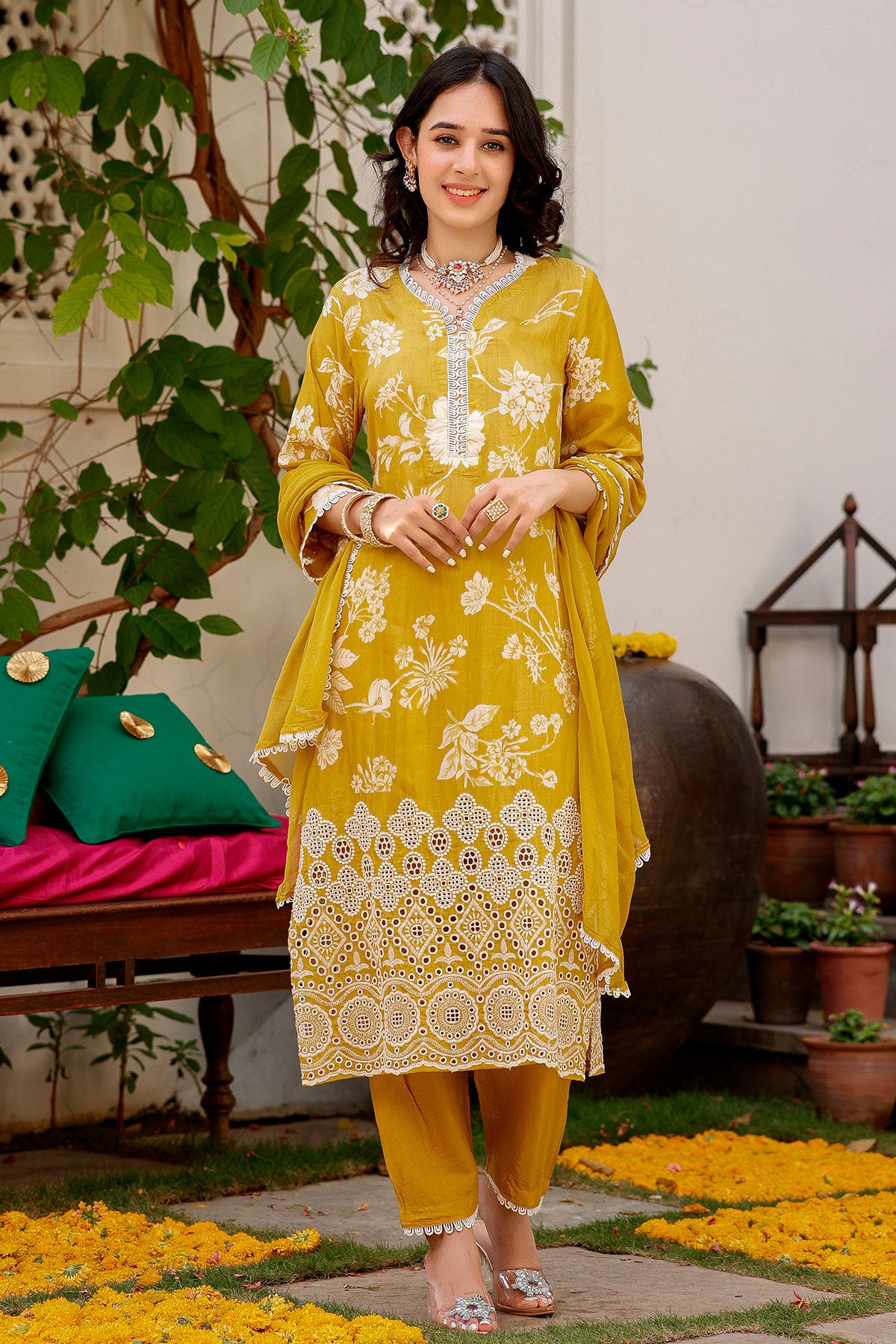 Mustard Crepe Floral Printed Threadwork and Lace Embroidered Suit