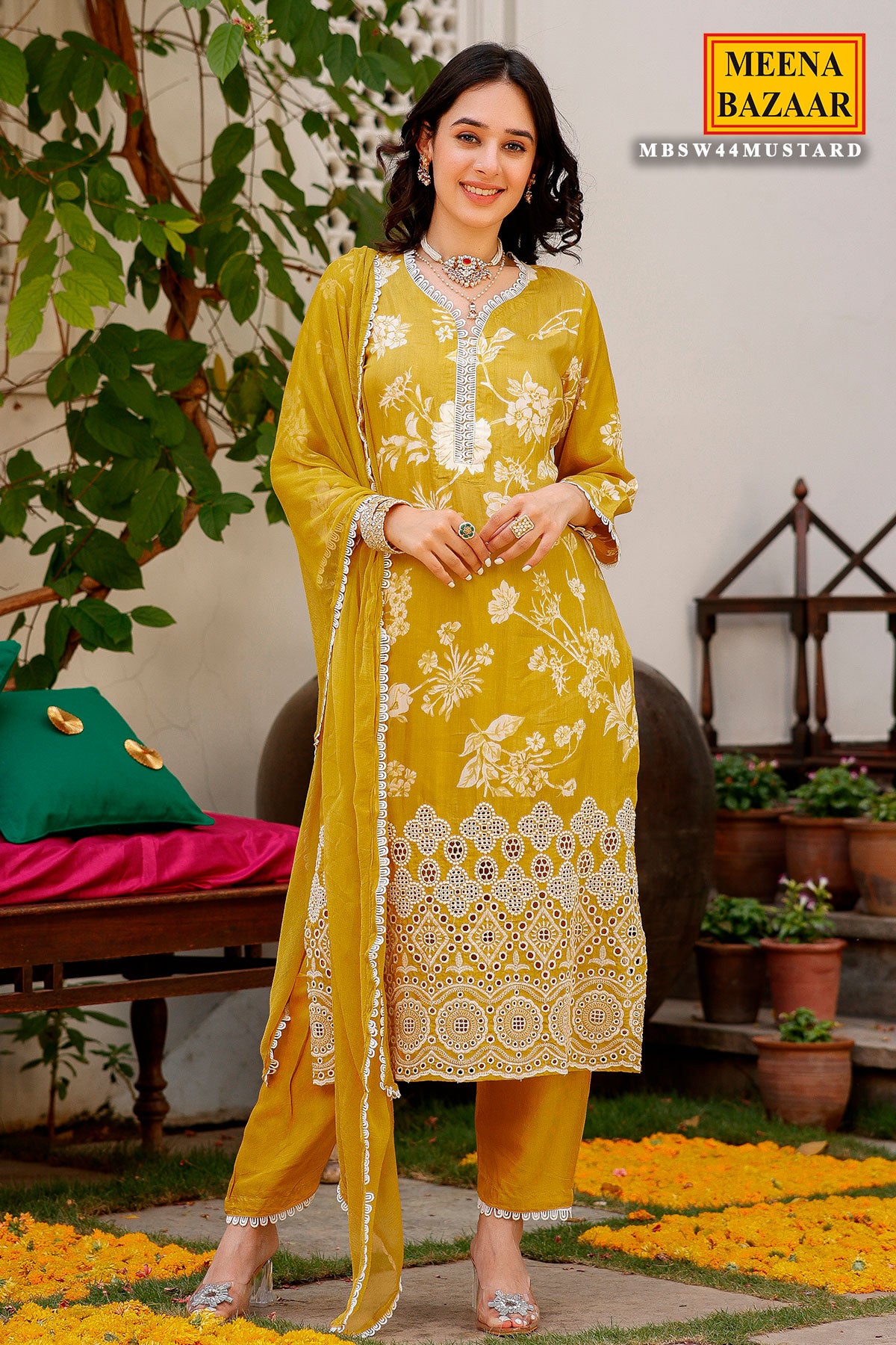 Mustard Crepe Floral Printed Threadwork and Lace Embroidered Suit