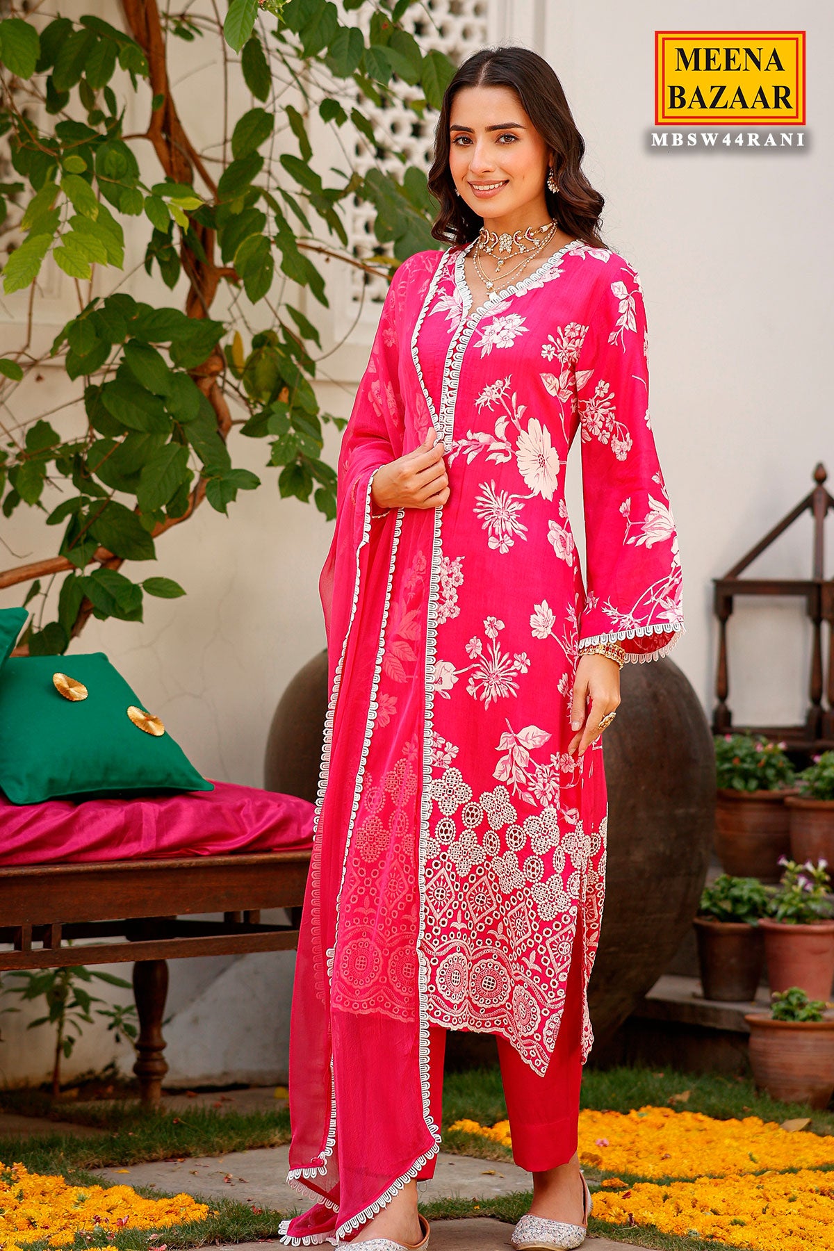 Rani Crepe Floral Printed Threadwork and Lace Embroidered Suit