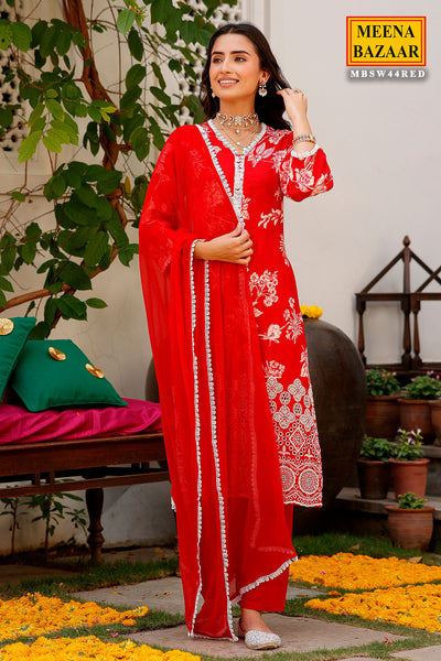 Red Crepe Floral Printed Threadwork and Lace Embroidered Suit