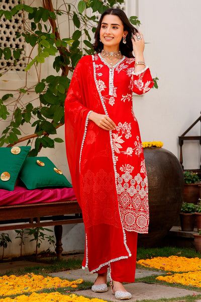 Red Crepe Floral Printed Threadwork and Lace Embroidered Suit
