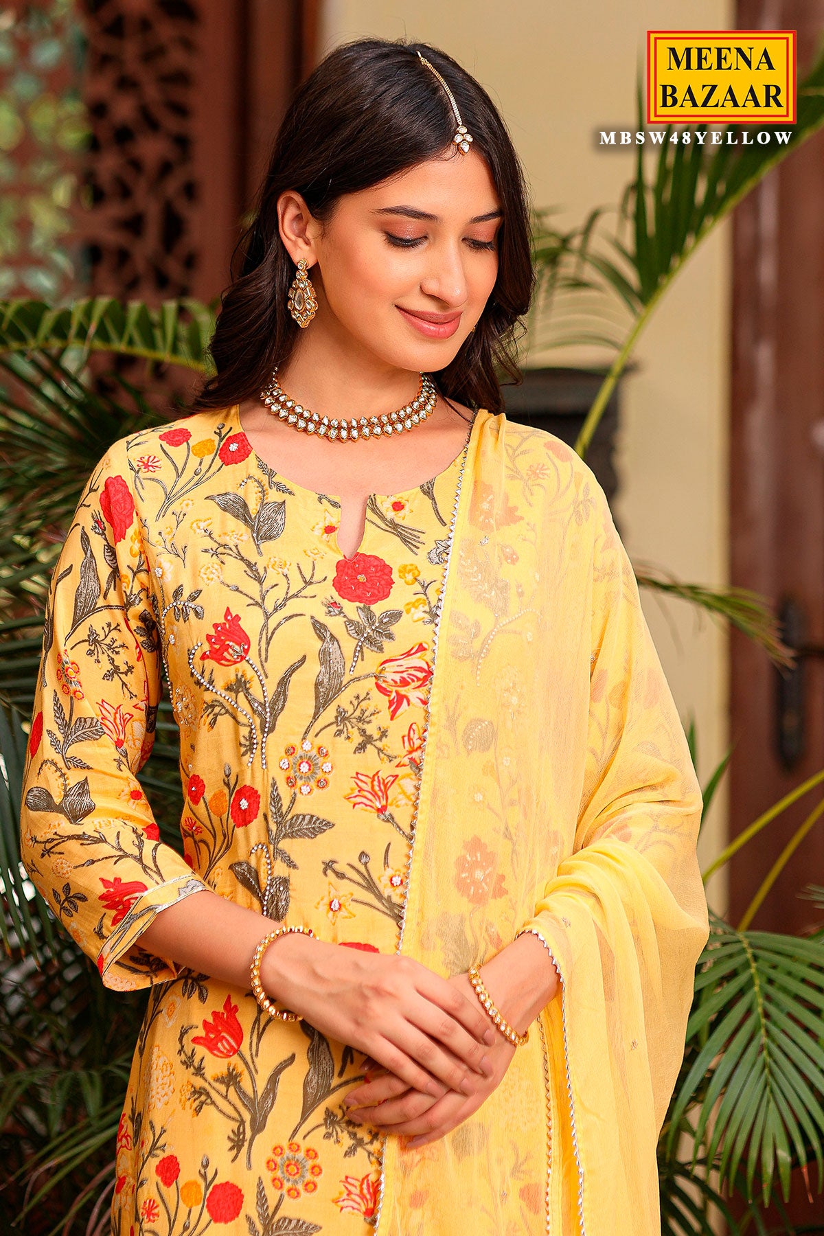 Yellow Crepe Floral Printed Beads and Cutdana Embroidered Suit