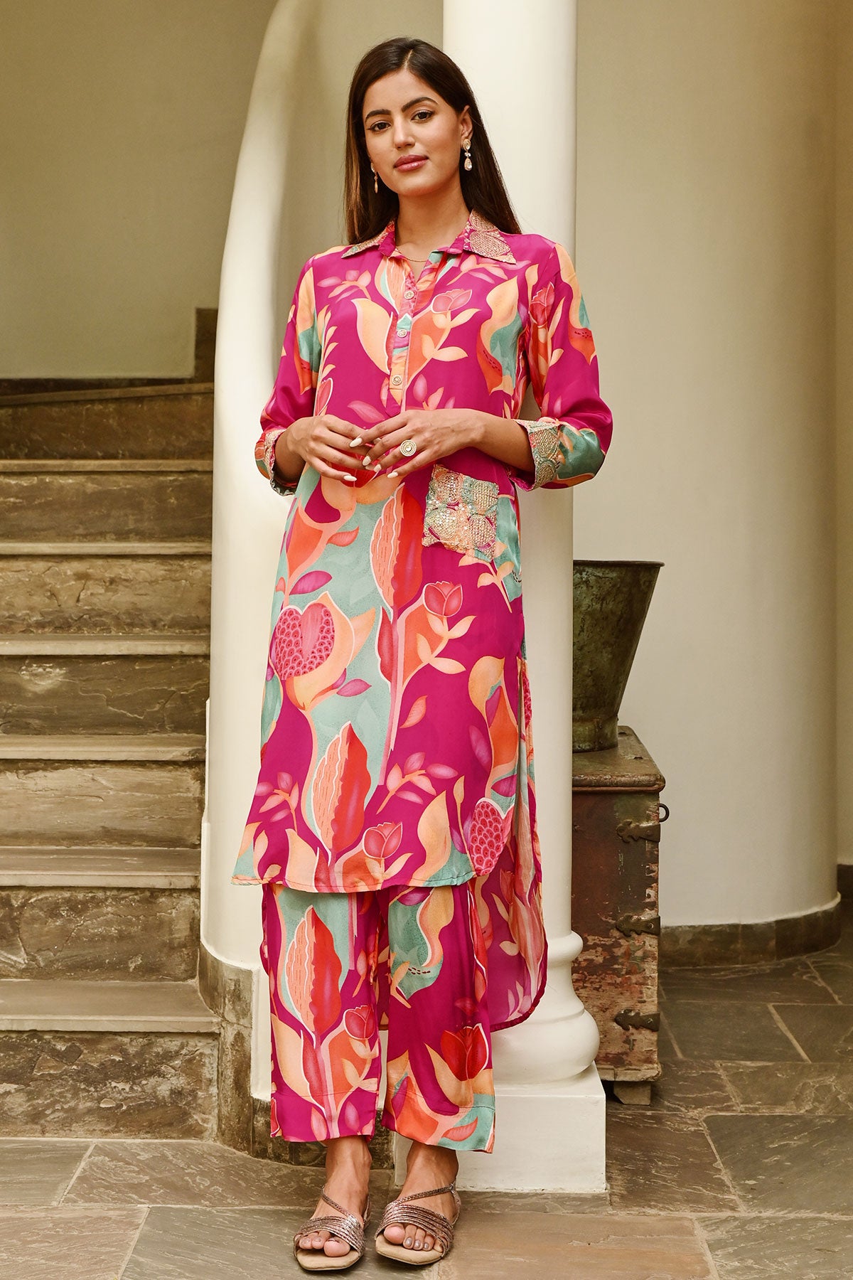 Rani Crepe Floral Printed Sequins and Zari Embroidered Asymmetrical Kurti Pant Set