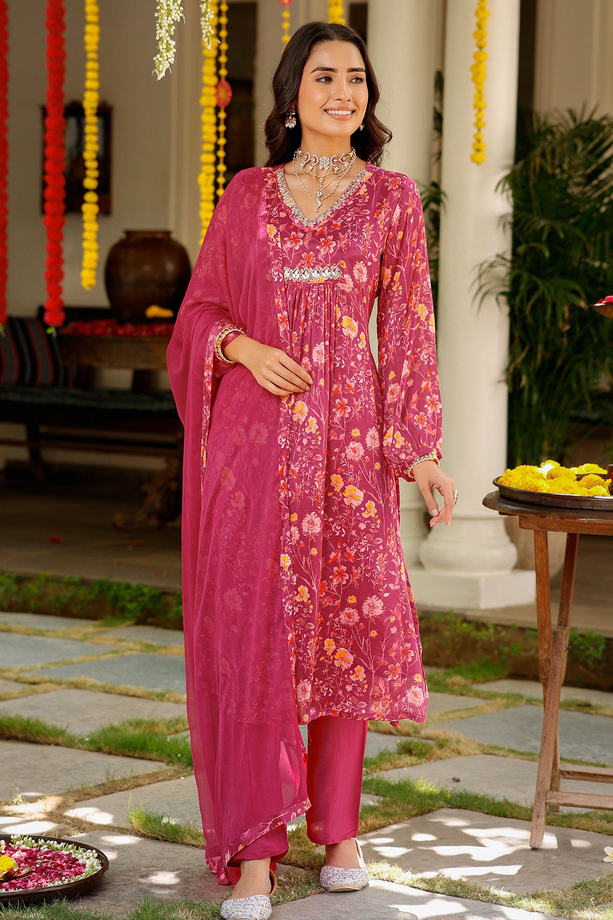 Mauve Chinon Floral Printed Neck Embroidered Suit