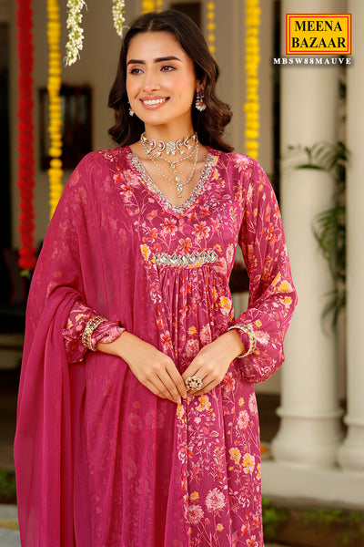 Mauve Chinon Floral Printed Neck Embroidered Suit