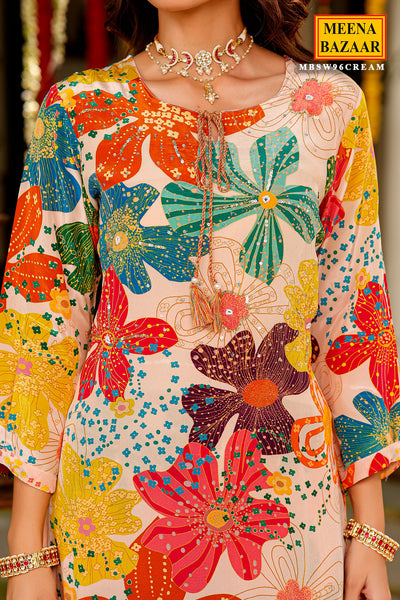Cream Muslin Floral Printed Sequins Embellished Kurti Pant Set