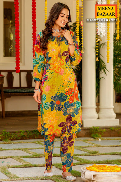 Mehandi Muslin Floral Printed Sequins Embellished Kurti Pant Set