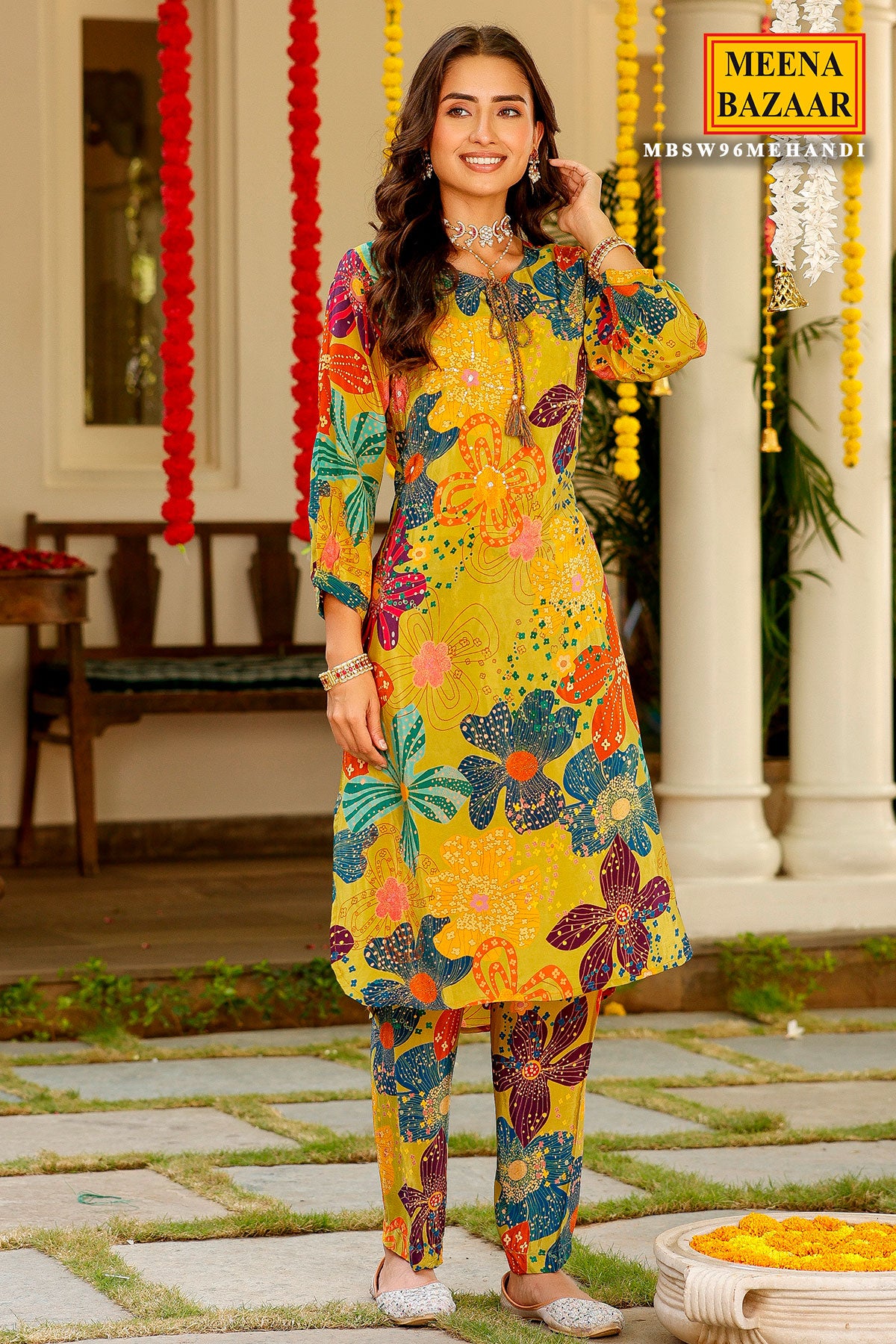 Mehandi Muslin Floral Printed Sequins Embellished Kurti Pant Set