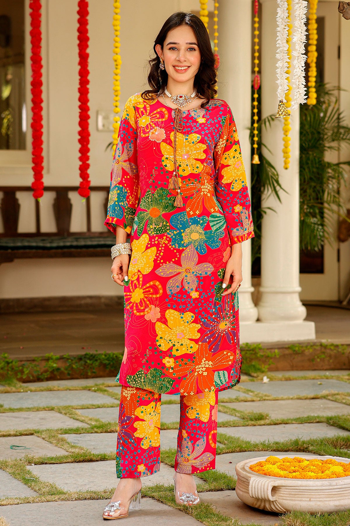 Rani Muslin Floral Printed Sequins Embellished Kurti Pant Set