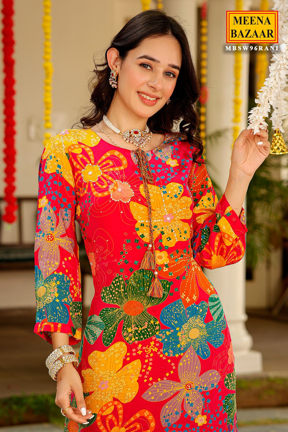Rani Muslin Floral Printed Sequins Embellished Kurti Pant Set