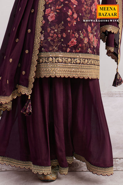 Wine Organza Embroidered Sharara Suit Set