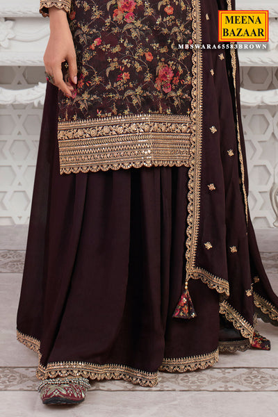 Brown Organza Embroidered Sharara Suit Set