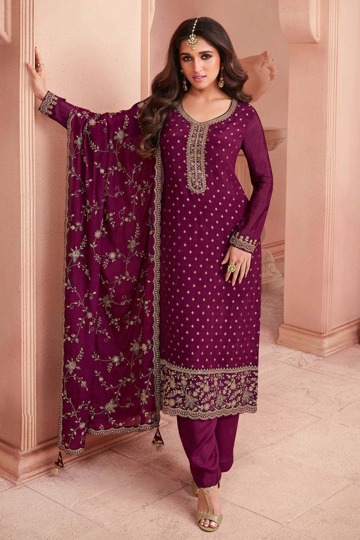 Wine Blended Silk Zari and Sequins Embroidered Suit Set
