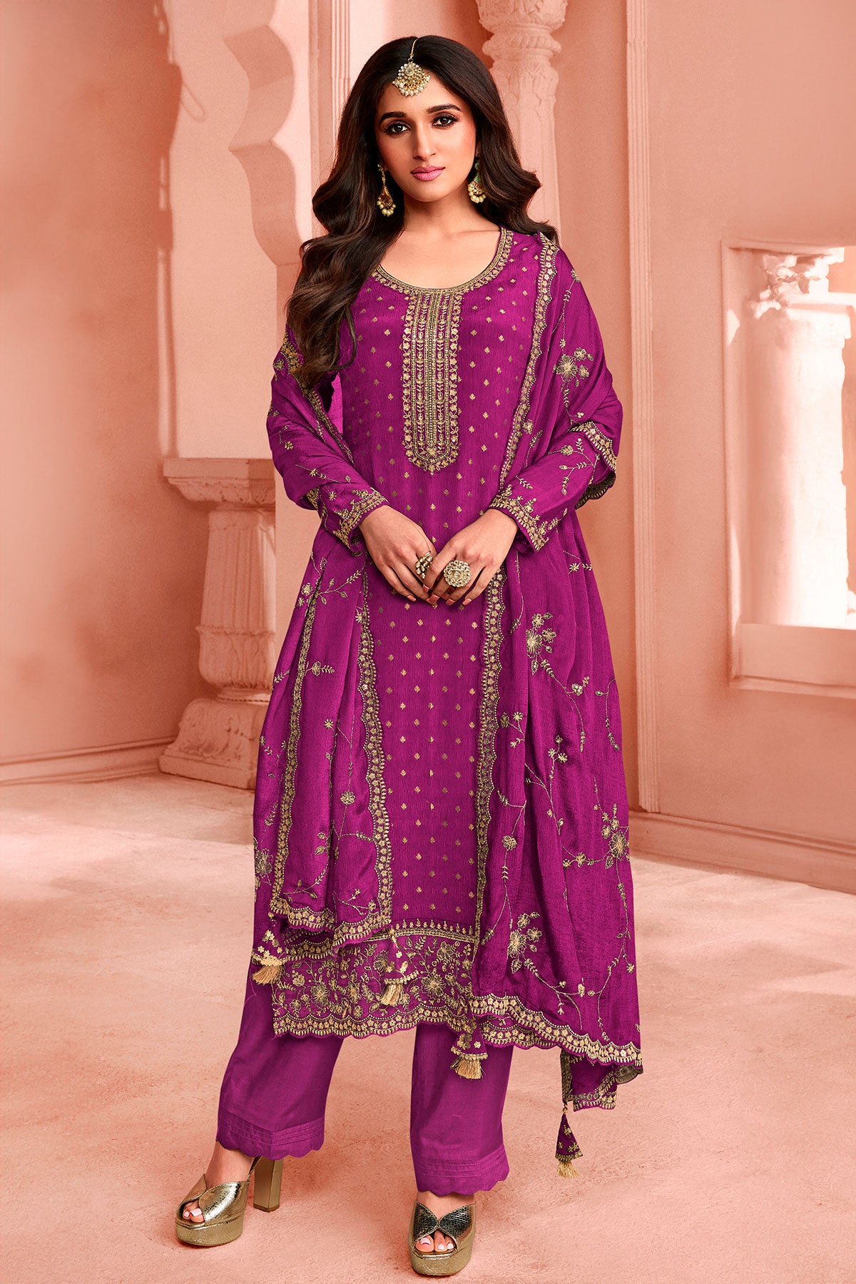 Wine Dola Silk Zari and Sequins Embroidered Suit Set
