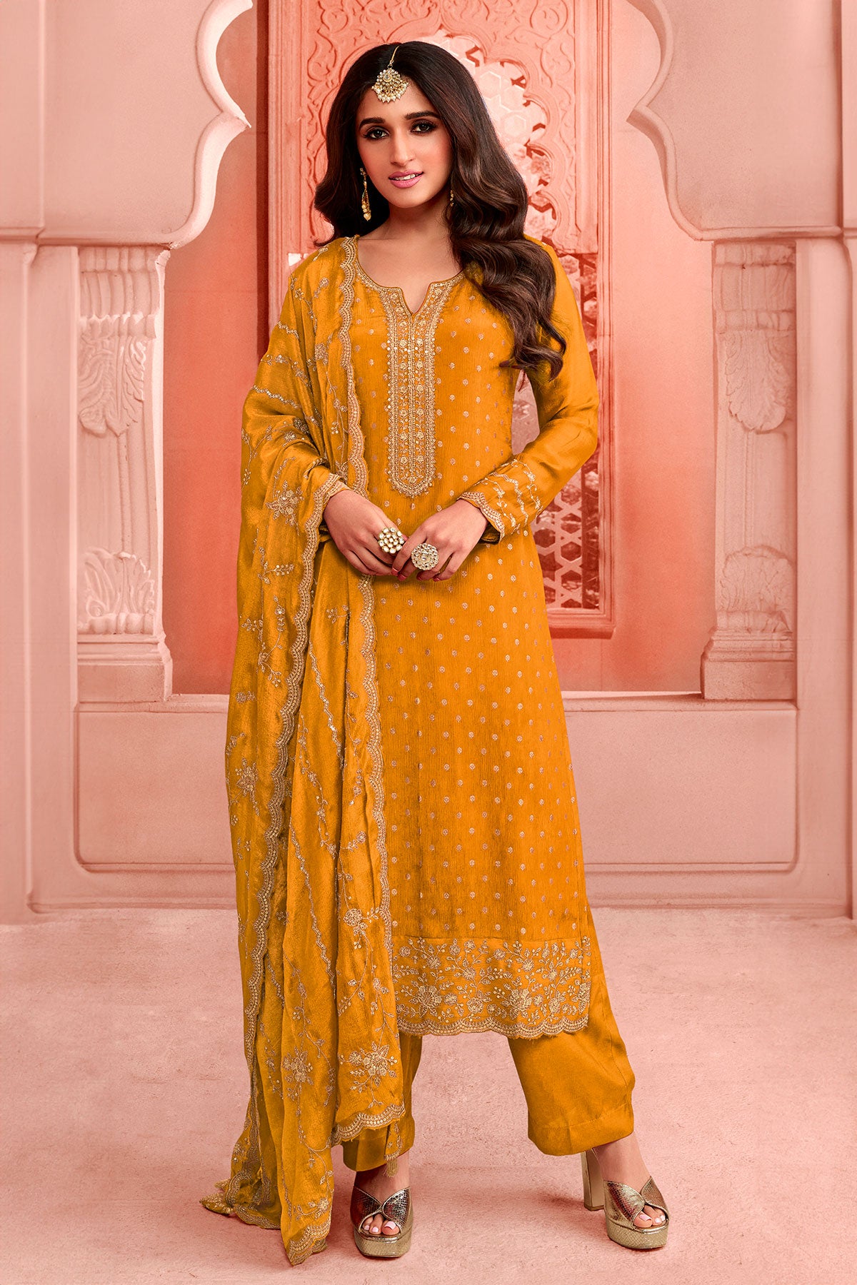 Yellow Dola Silk Zari and Sequins Embroidered Suit Set